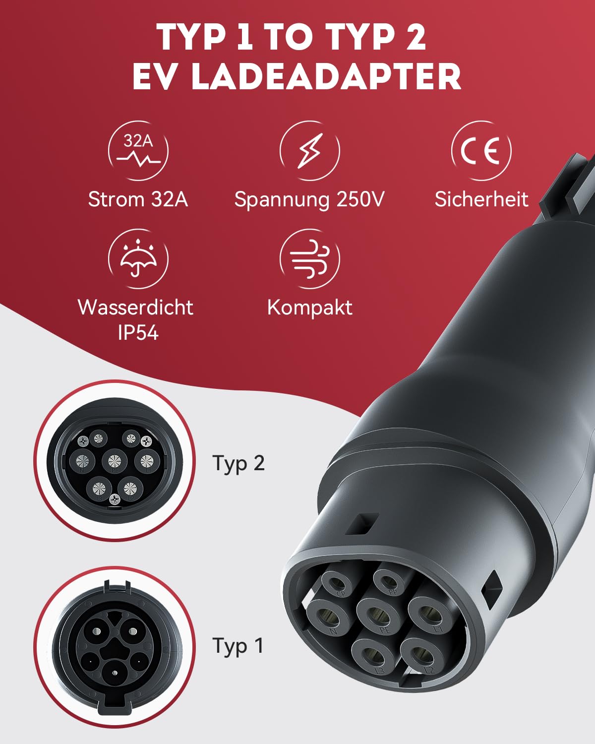 MCEVKELN EV charging adapter Type 1 to Type 2, single phase| IP54| 250V| 32A EV adapter for Type 2 PEV to Type 1 charging cable, car charger converter electric vehicle charging adapter, SAE J1772 to IEC 62196-2.