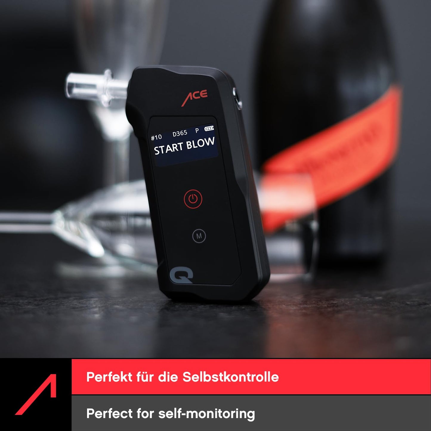 ACE Q Alcohol Tester - Breathalyzer with memory and OLED display - police-calibrated accuracy - Alcohol tester for car and parties.