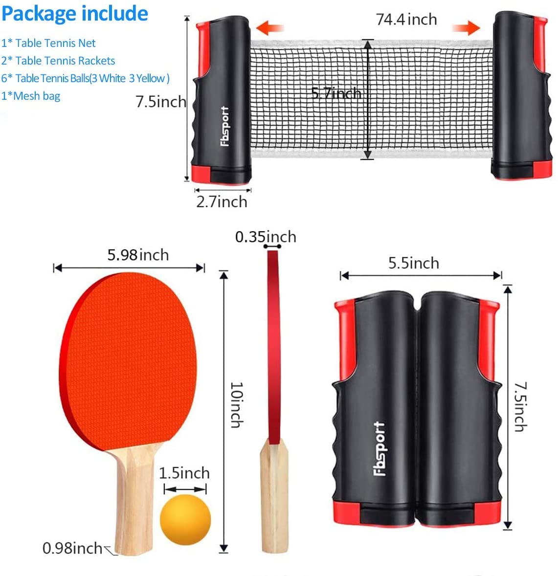 FBSPORT Table Tennis Set for table with 2 ping pong paddles + Retractable net + 6 ping pong balls + 1 carrying bag, Table Tennis Set for adults families indoor outdoor
