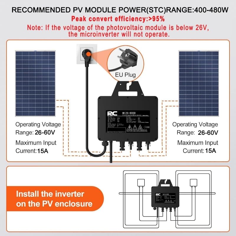 RC Micro Inverter 800W, 26-60V DC input, solar inverter MPPT micro grid-tie converter with WiFi monitoring for mobile phones, black, 0% VAT.