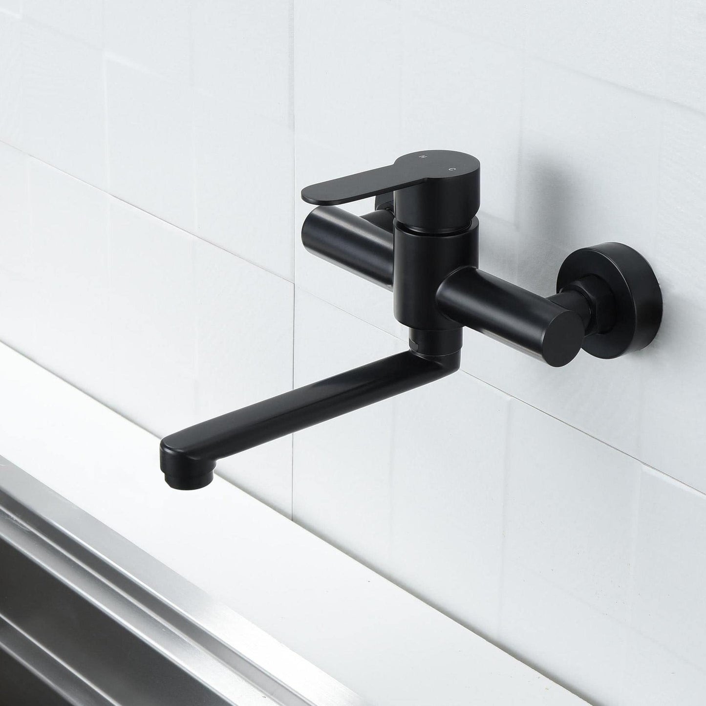 HomeLava 360° Rotatable Kitchen Faucet Wall Mount Mixer Tap One Handle 304 Stainless Steel Black with 180mm Spout.