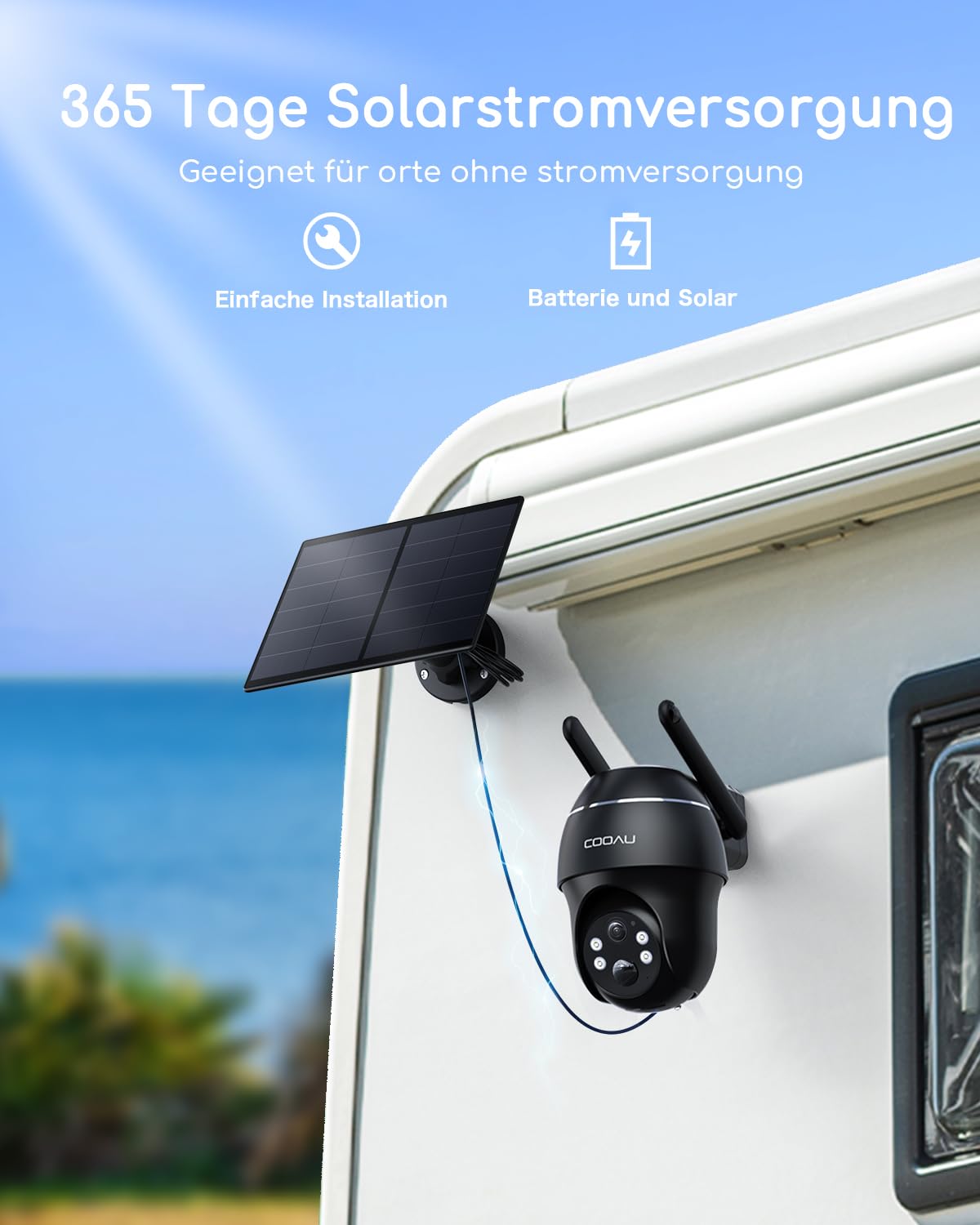 COOAU 4G LTE outdoor surveillance camera with SIM card+64GB card storage+Solar panel, LTE surveillance camera, 2K wireless solar outdoor camera with color night vision, PIR person detection, IP66.
