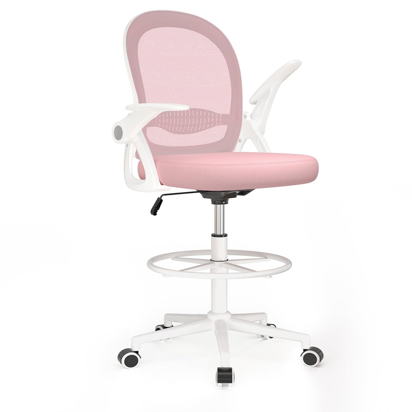 Naspaluro office chair with footrest ring, ergonomic desk chair with breathable mesh, foldable armrests, height adjustable, computer chair, lightweight, 360° swivel chair Pink.