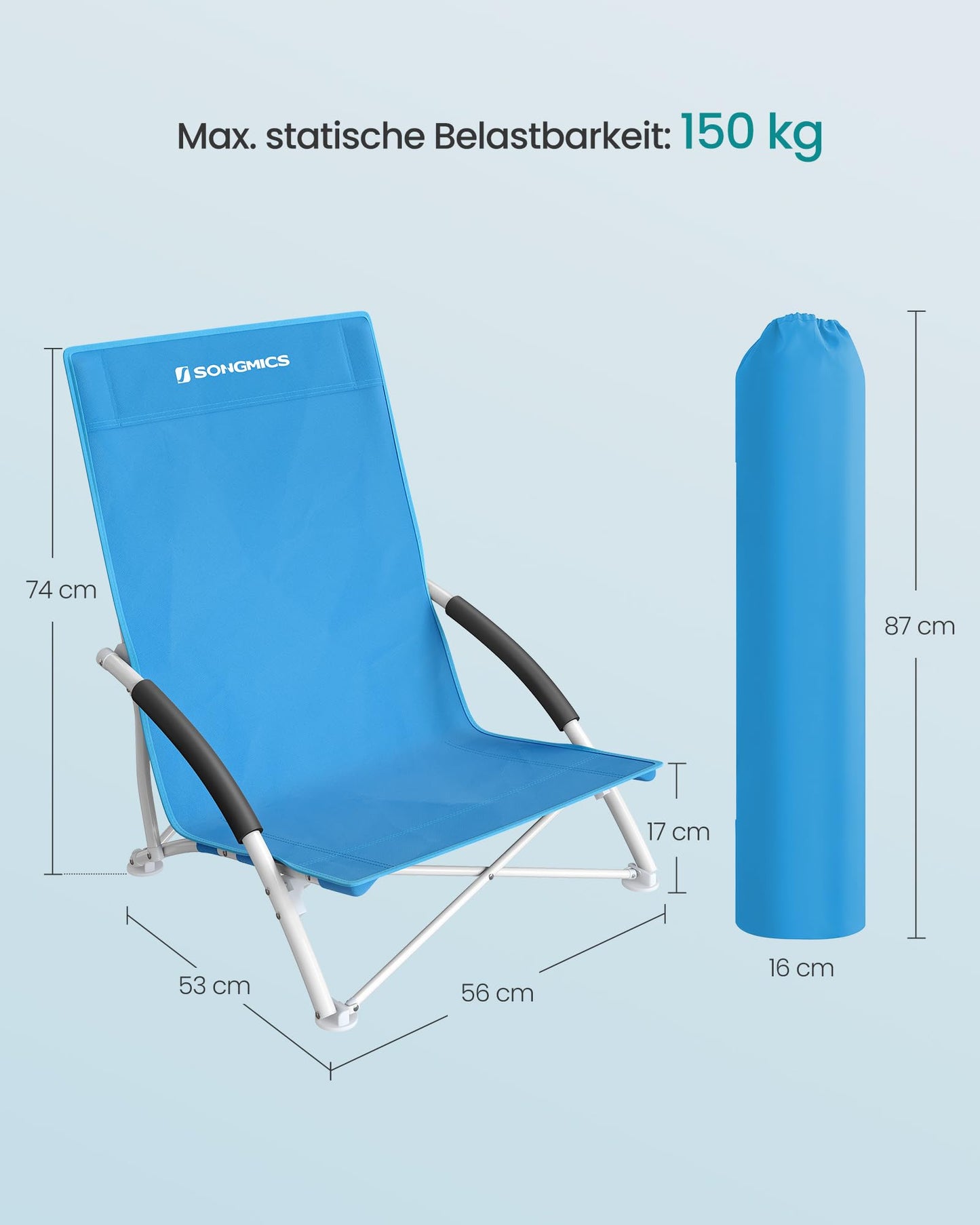 SONGMICS Beach chair, portable folding chair with high backrest, collapsible camping chair, lightweight, high load capacity, outdoor chair with carrying bag, light blue GCB61BU