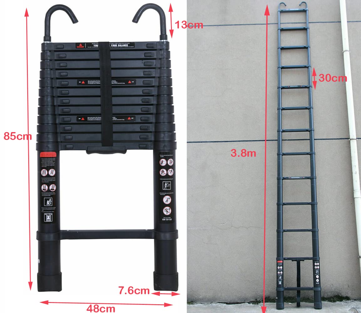 3.8m / 12.5FT telescopic folding extendable extension ladder Multipurpose ladder EN131 certified Max. Load 150kg / 330lb with detachable roof hook
