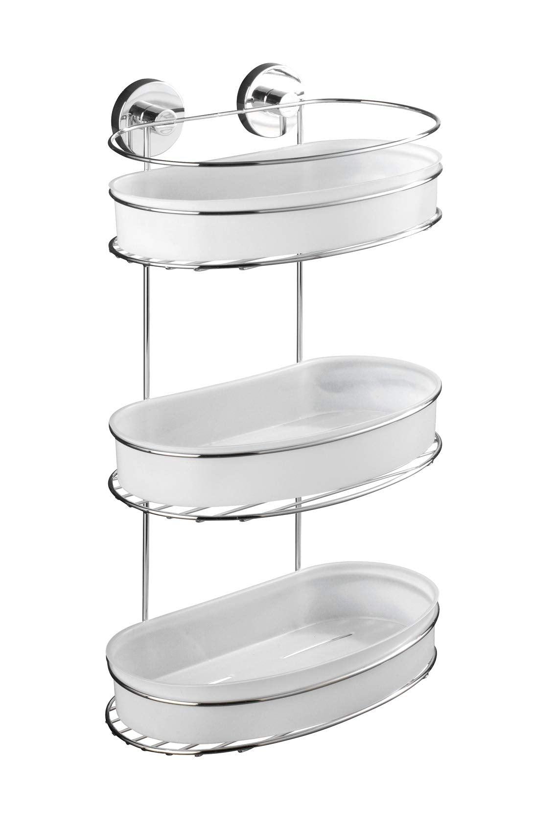 WENKO Vacuum-Loc wall shelf 3 tiers Milazzo, wall shelf without drilling, shower shelf, shelf for bathroom and kitchen, chromed metal with white plastic insert, 28 x 47.5 x 15 cm