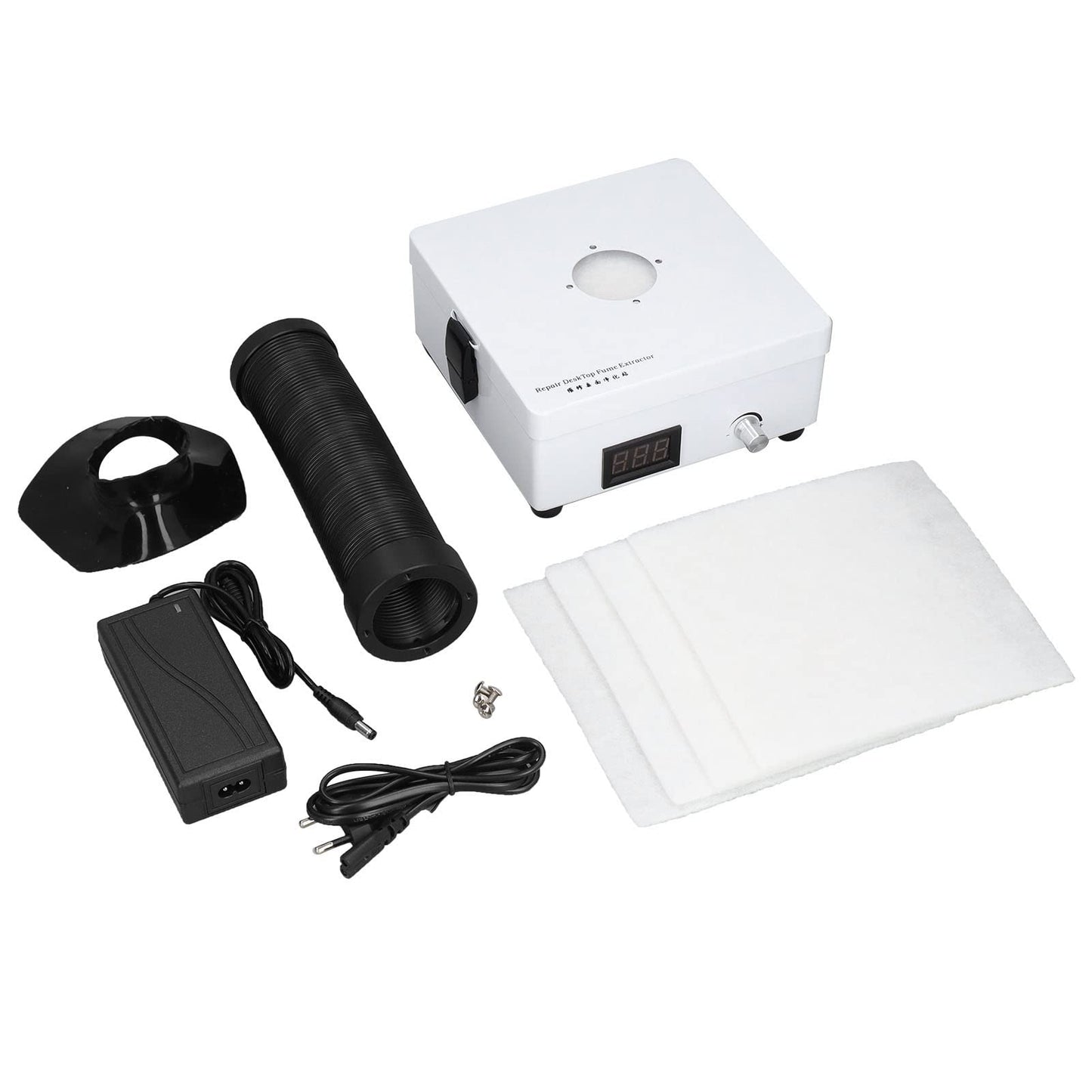Solder fume extractor for DIYers & phone repairs – Desktop smoke absorber with EU plug, professional model, waterless, noiseless, compact design, 100-240 V.