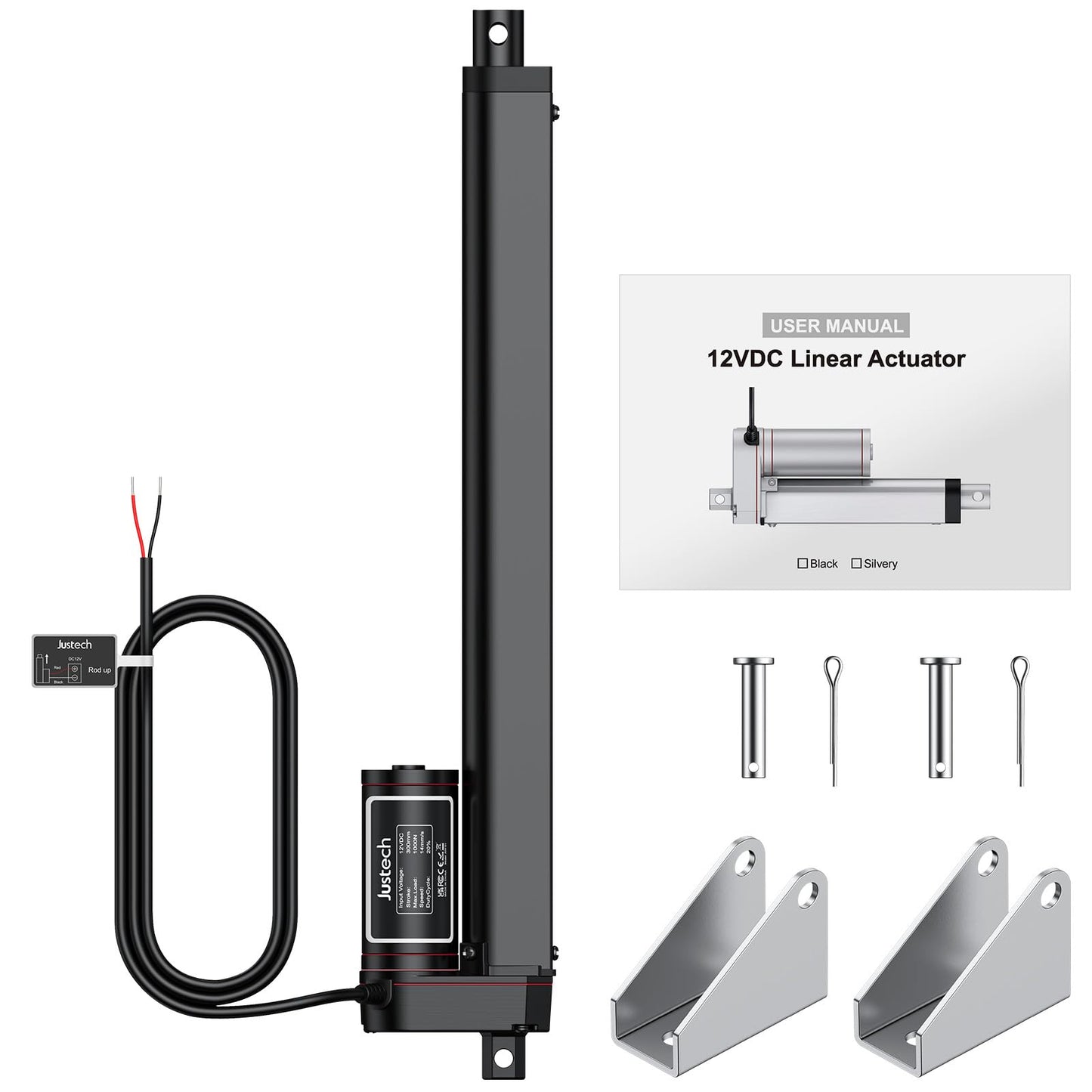 Justech Linear Actuator 300mm Linear Drive 1000N IP65 Waterproof 14mm/s Motor Linear Technology Actuators Linear Motor Adjustable Drive Gate Opener Stroke Cylinder with CE & RoHS 12V DC Electric Motor DIY