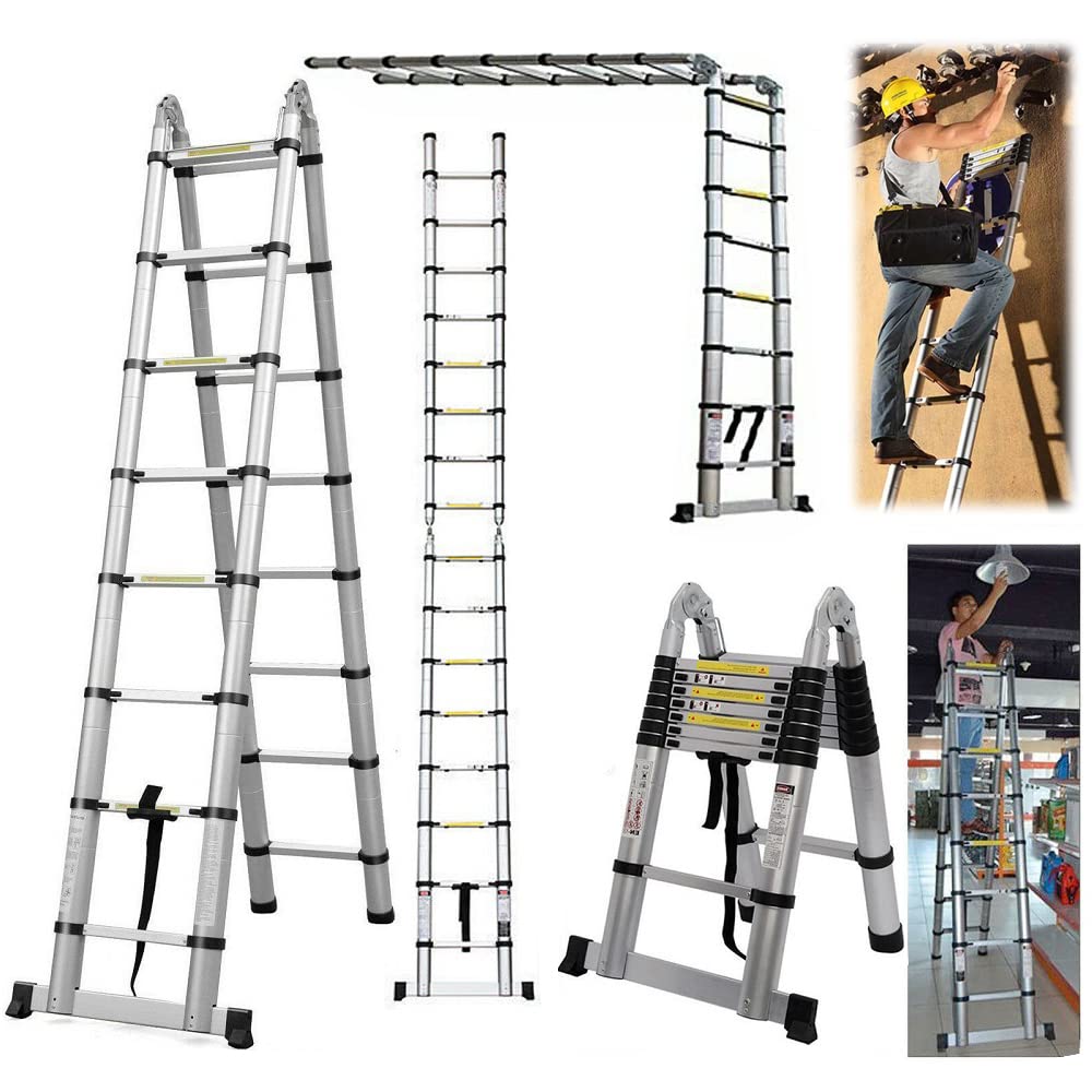 5m telescopic ladder, aluminum, 150kg capacity, EN131 certified. Folding attic ladder with non-slip rubber feet.
