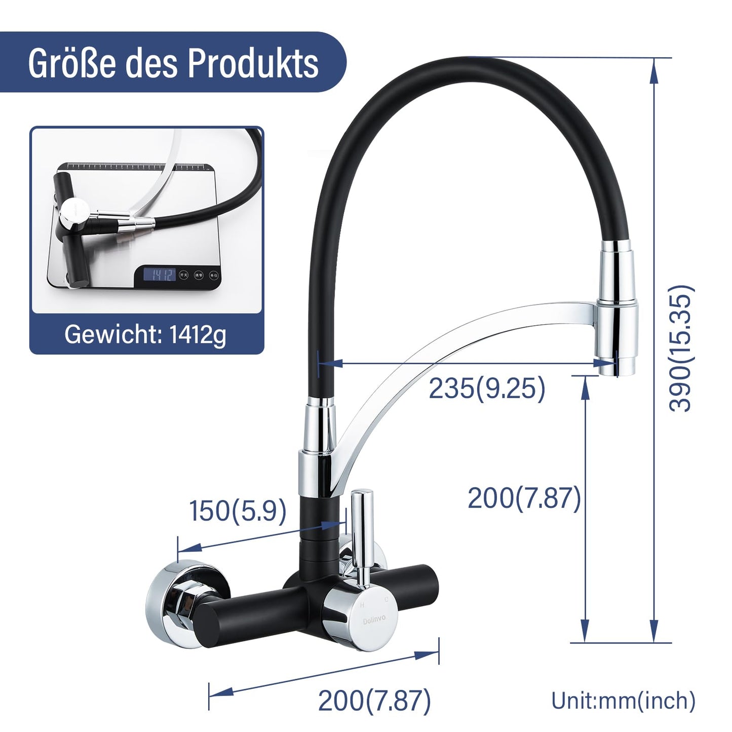 Kitchen faucet Wall-mounted sink faucet Black, Dolinvo Kitchen faucet Wall-mounted with 360° swivel, Single lever sink mixer tap wall-mounted faucet, Scald protection silicone cover.