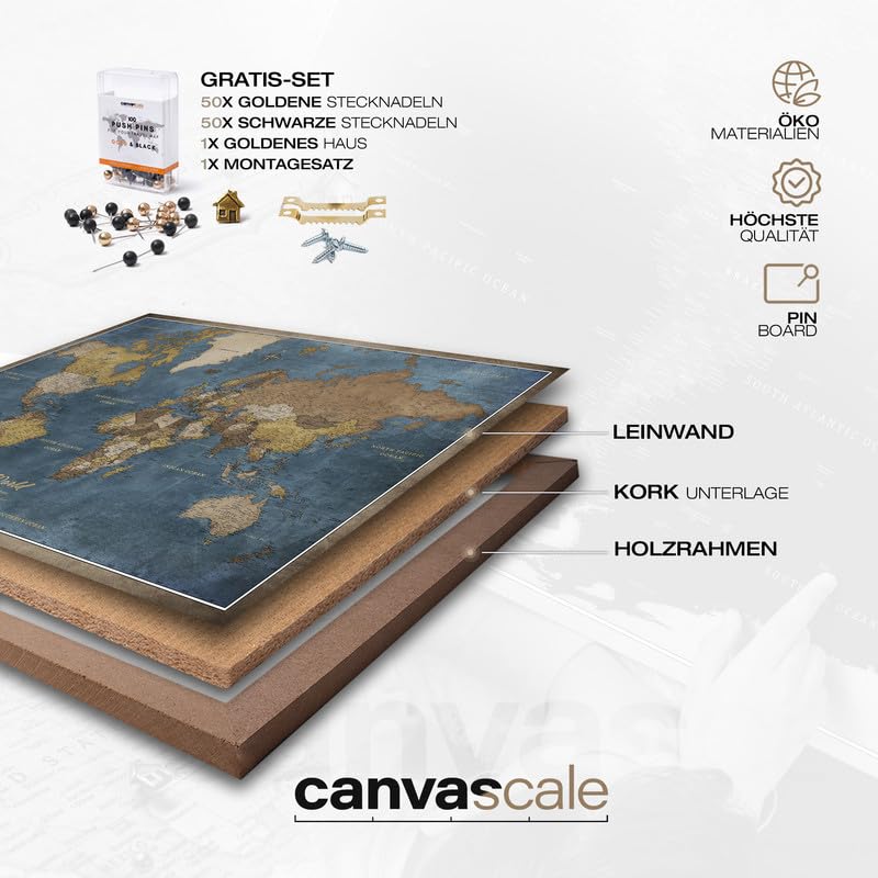 High-quality canvas world map with cork pinboard - German labeling - Decorative wall decoration for all rooms - Canvas prints with world map motif (90x60 cm, pattern 13)