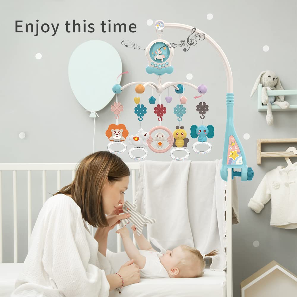 Eners Baby Music Mobile Crib, Wind-up Music Box Mobile for Baby Girl Boy, Mobile Holder for Crib Changing Table with Music and Light & Remote Control and Rotation Function (Green)