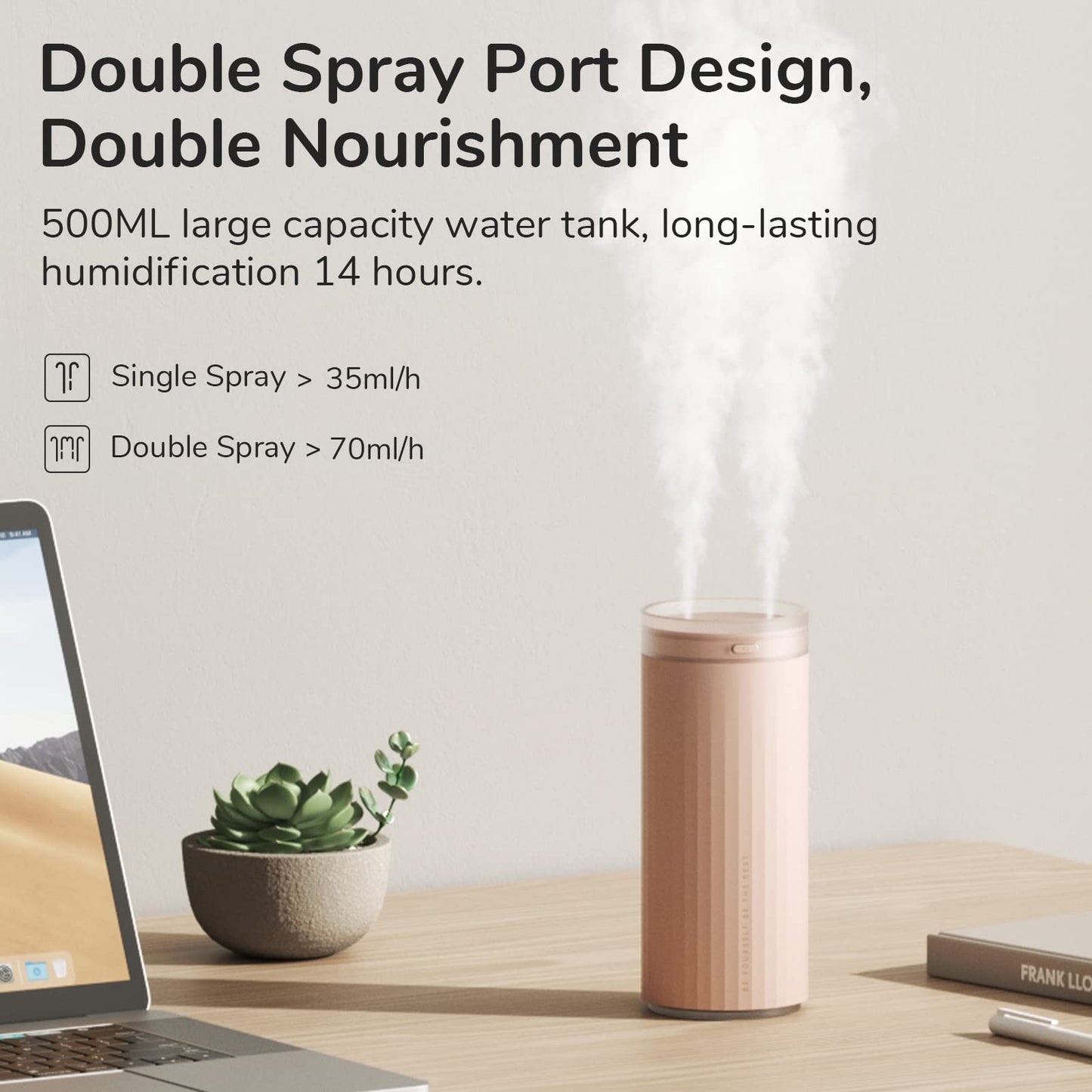 JISULIFE humidifier, 4000mAh Portable Mini Humidifier, Personal Desktop Humidifier for Bedroom Quiet, Automatic Shutdown, Dual Mist Ports for Baby Travel Car-Pink