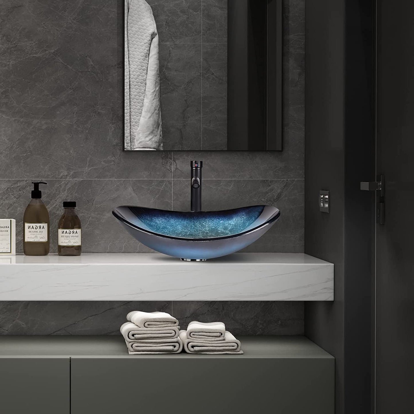 ARTETHYS glass countertop sink with faucet drain, oval washbasin washbasin set in blue, black, for bathroom, kitchen, guest WC.