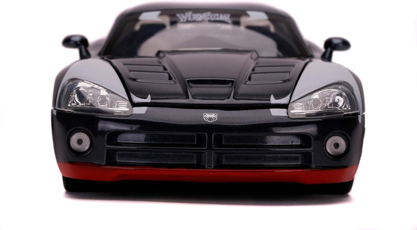 Jada Toys Marvel Venom, 2008 Dodge Viper, SRT10, die-cast toy car with opening doors, trunk, and hood, includes die-cast Venom figure, 1:24 scale, black