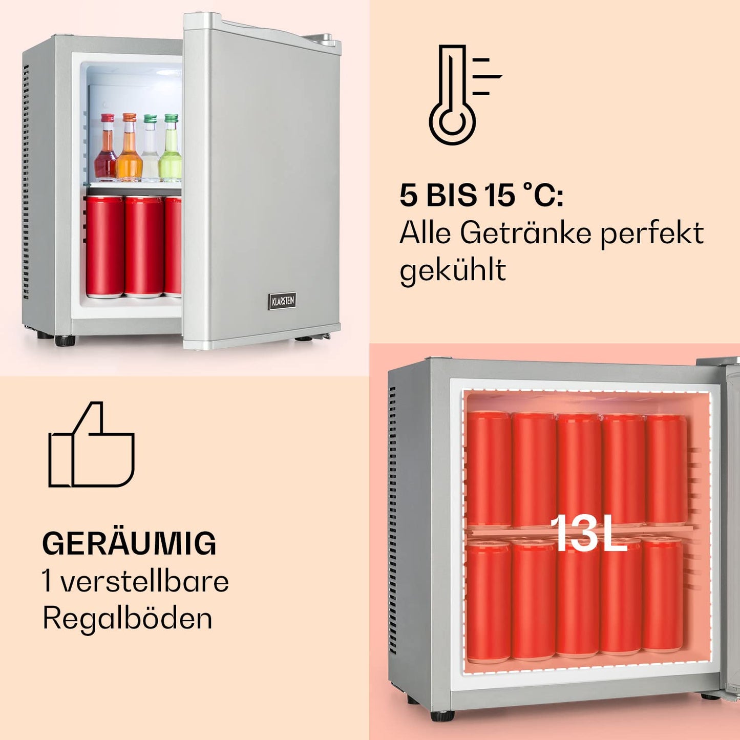 Klarstein mini fridge for room, 13L mini fridge for drinks & cosmetics, Small minibar, fridge small & quiet, Adjustable shelf, small skincare fridge 5-15°C