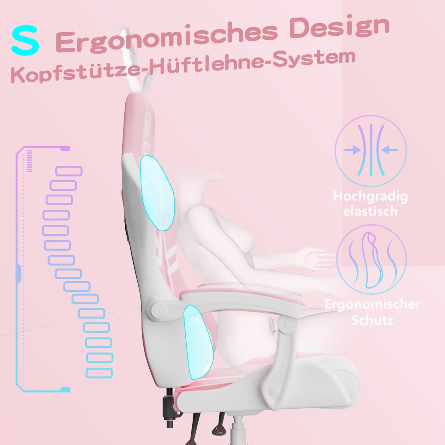 JOYFLY Pink Gaming Chair with High Back Office Chair PU Leather Gaming Seat with Lumbar Support for Girls PC Chair Ergonomic Gaming Chair, Headrest Lumbar Support (Pink)