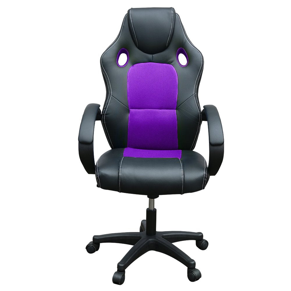 Panana office chair, PU leather+mesh desk chair, gaming chair with high backrest, swivel adjustable height computer chairs (Black+Purple)