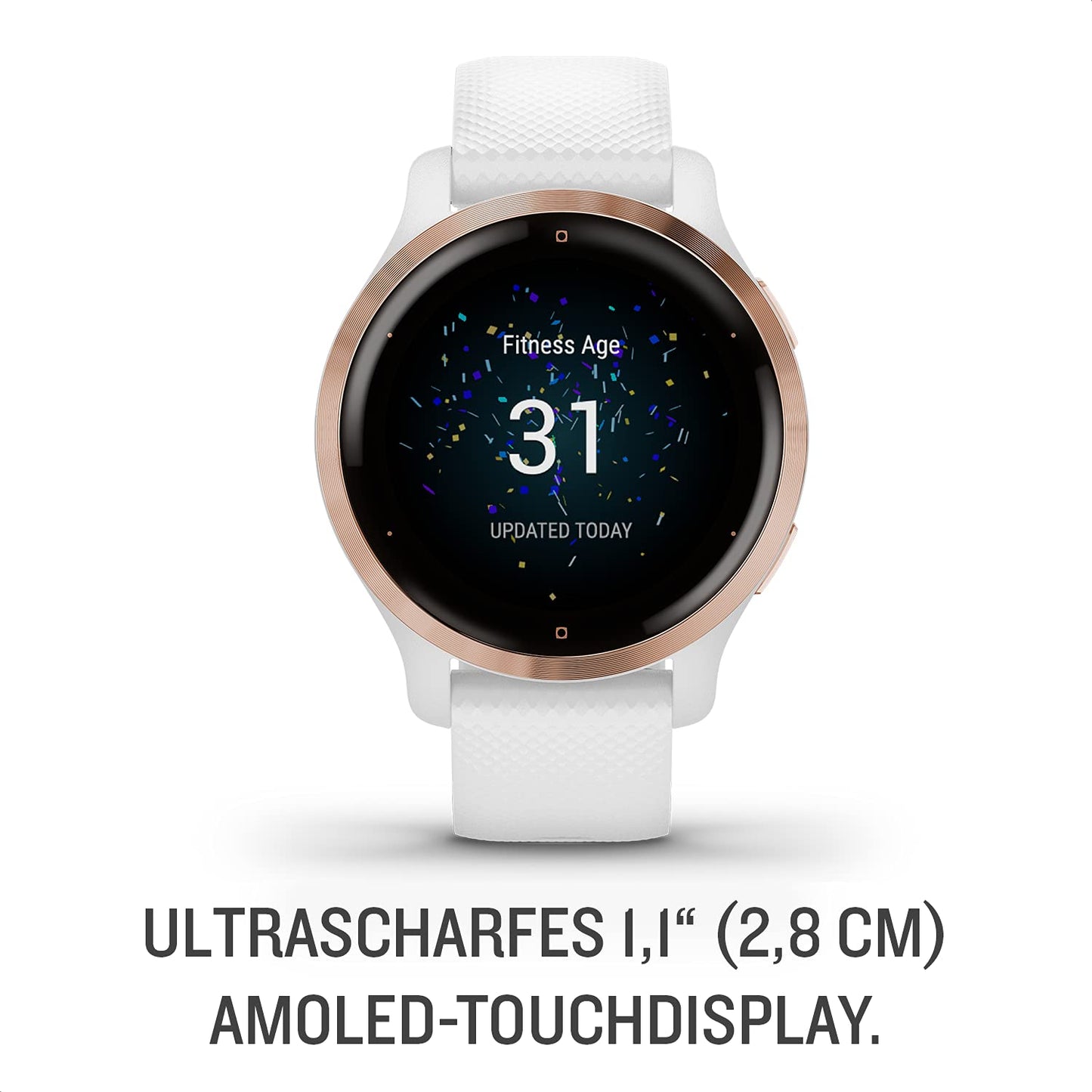 Garmin Venu 2S - slim GPS fitness smartwatch with sharp 1.1" AMOLED touchscreen, health features, over 25 preloaded sports apps, Garmin Music & Garmin Pay.