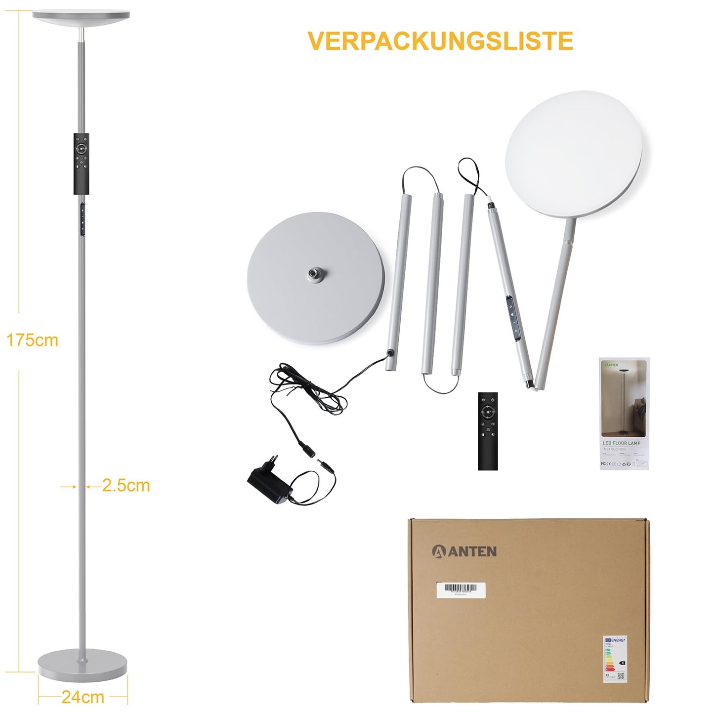 Anten LED floor lamp 30W, dimmable with 4 color temperatures, industrial standing lamp with touch & remote control, suitable for living room, bedroom, gray.