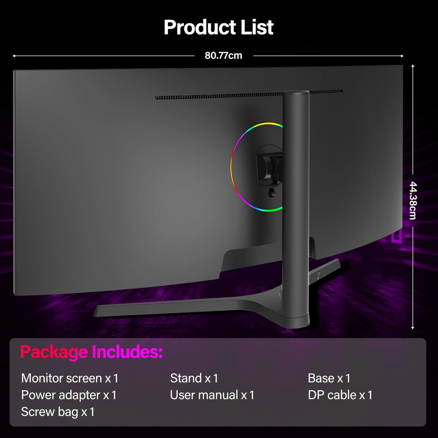 Gawfolk 34 inch Ultrawide Curved Gaming Monitor 165Hz, 1500R PC Screen UWQHD 3440x1440 with Height Adjustment, Curved Computer Screen supports VESA 75 x 75 mm.