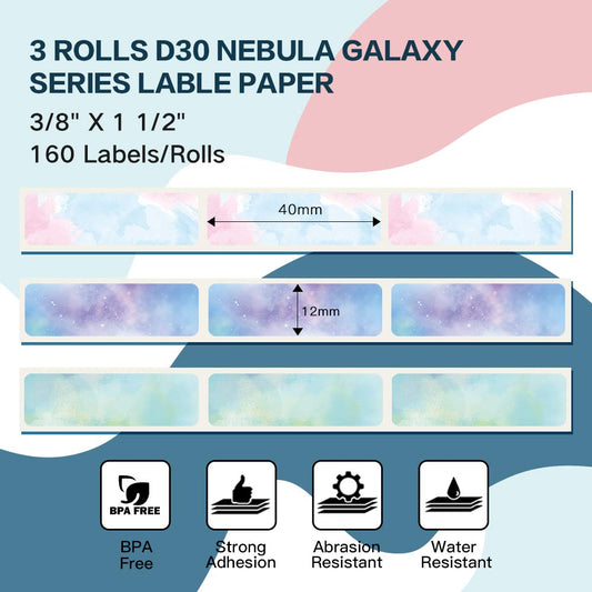 3 rolls of Phomemo self-adhesive thermal labels, 12mm*40mm, compatible with PhomemoD30 label printer, suitable for home, office, school, 160/roll, total of 3 rolls (Starry Sky)