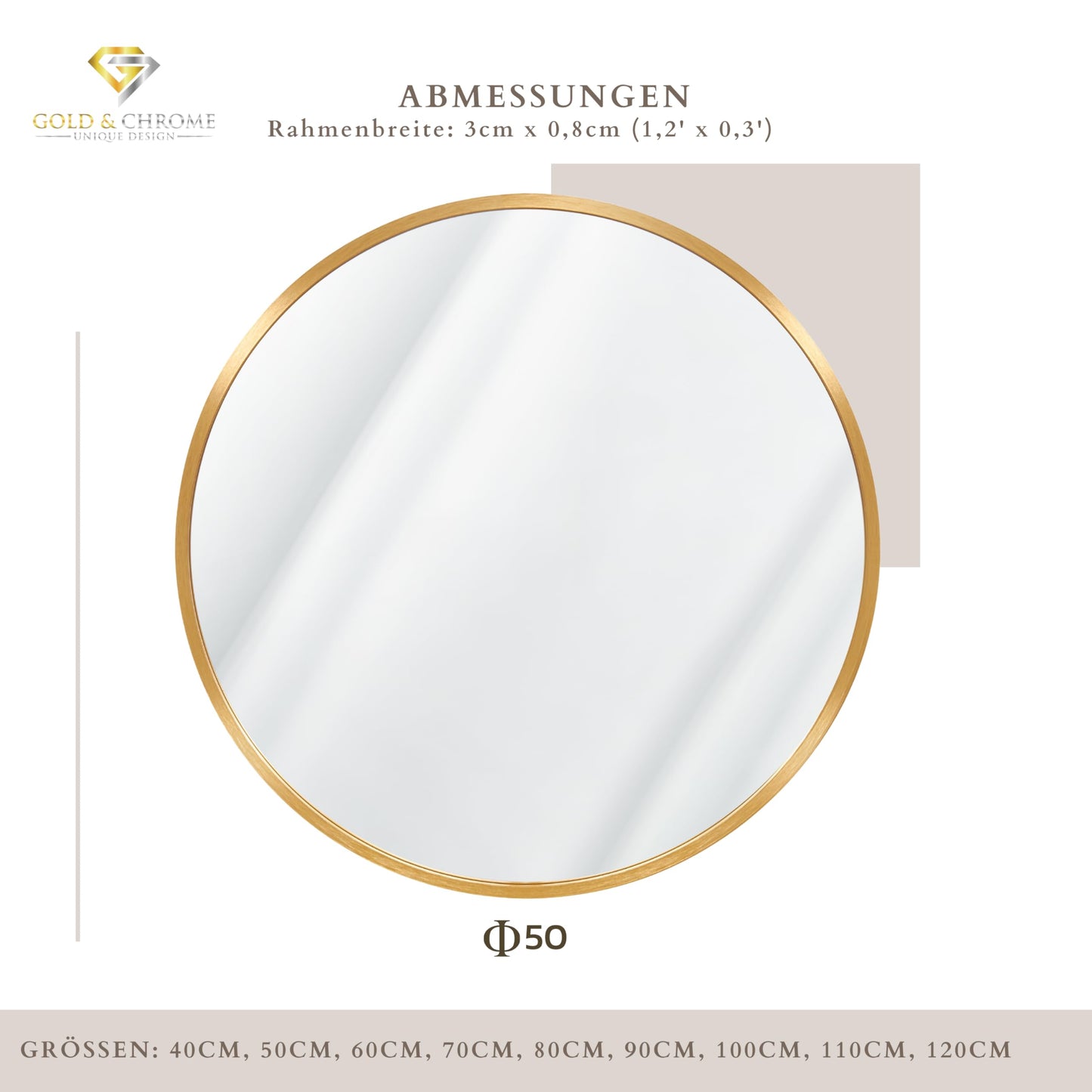 GOLD & CHROME UNIQUE DESIGN Golden wall mirror 50 x 50 cm - Modern, round bathroom mirror made of aluminum, large mirror, round mirror, wall mirror full-length mirror for home