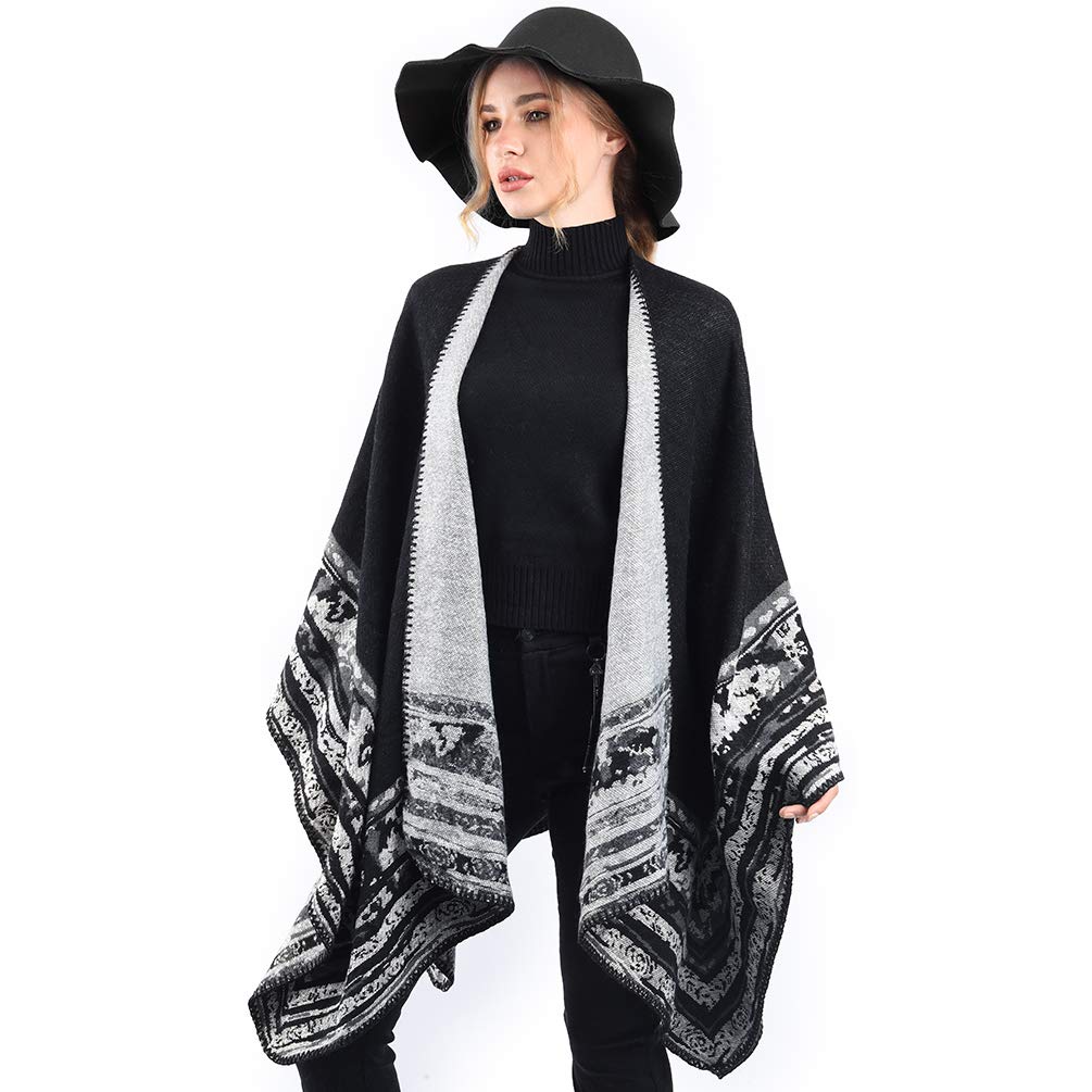 Winter Warm Poncho Scarf Wrap - Autumn Open Front Cape Windproof Knit Wool Coat Blanket Cape Scarf Oversized Winter Blanket Reversible Scarf Thick Cardigan Coat for Women Girls Festive Gifts