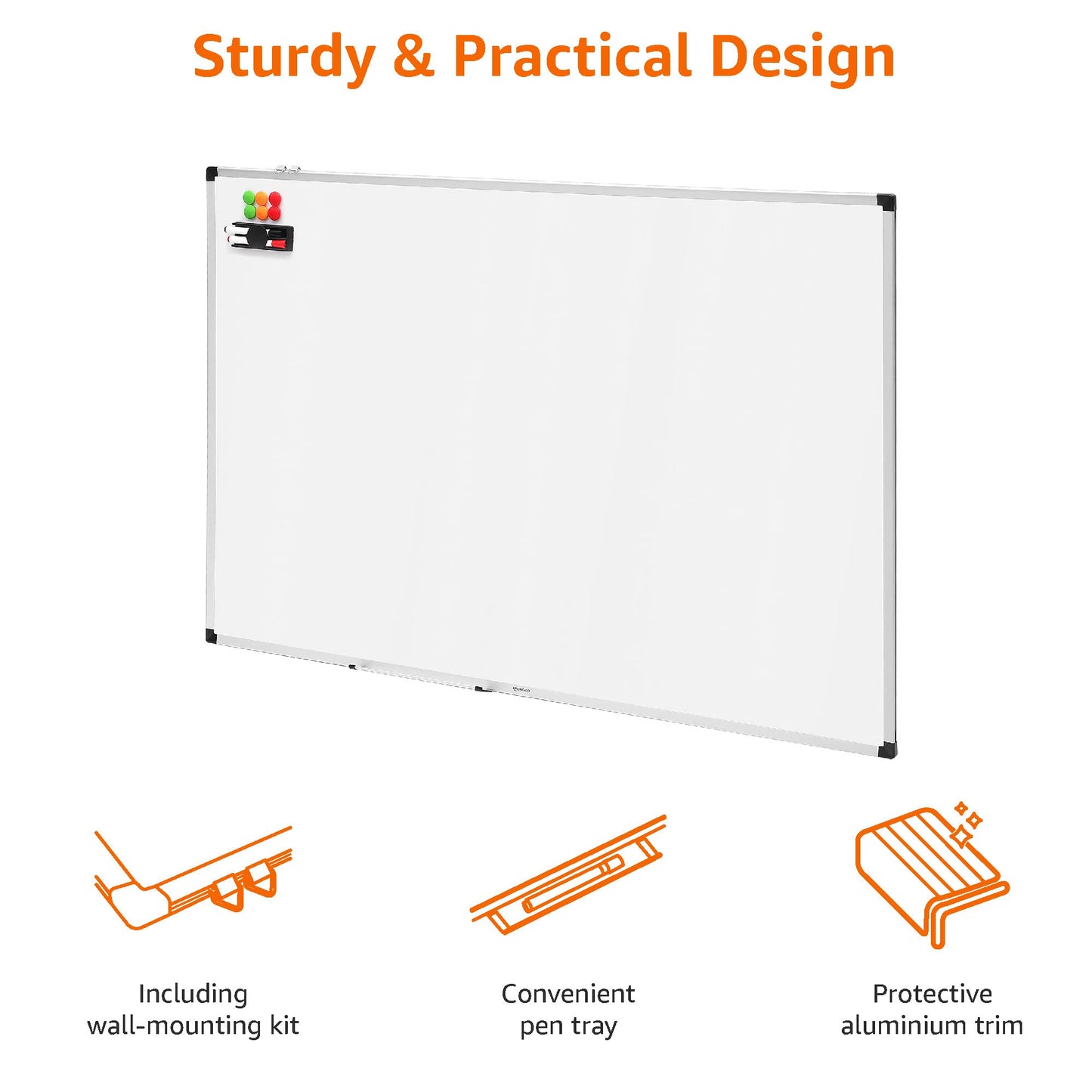 Amazon Basics Magnetic Whiteboard with Pen Tray and Aluminum Trim, Dry Erase, 150 cm x 100 cm (W x H), White.