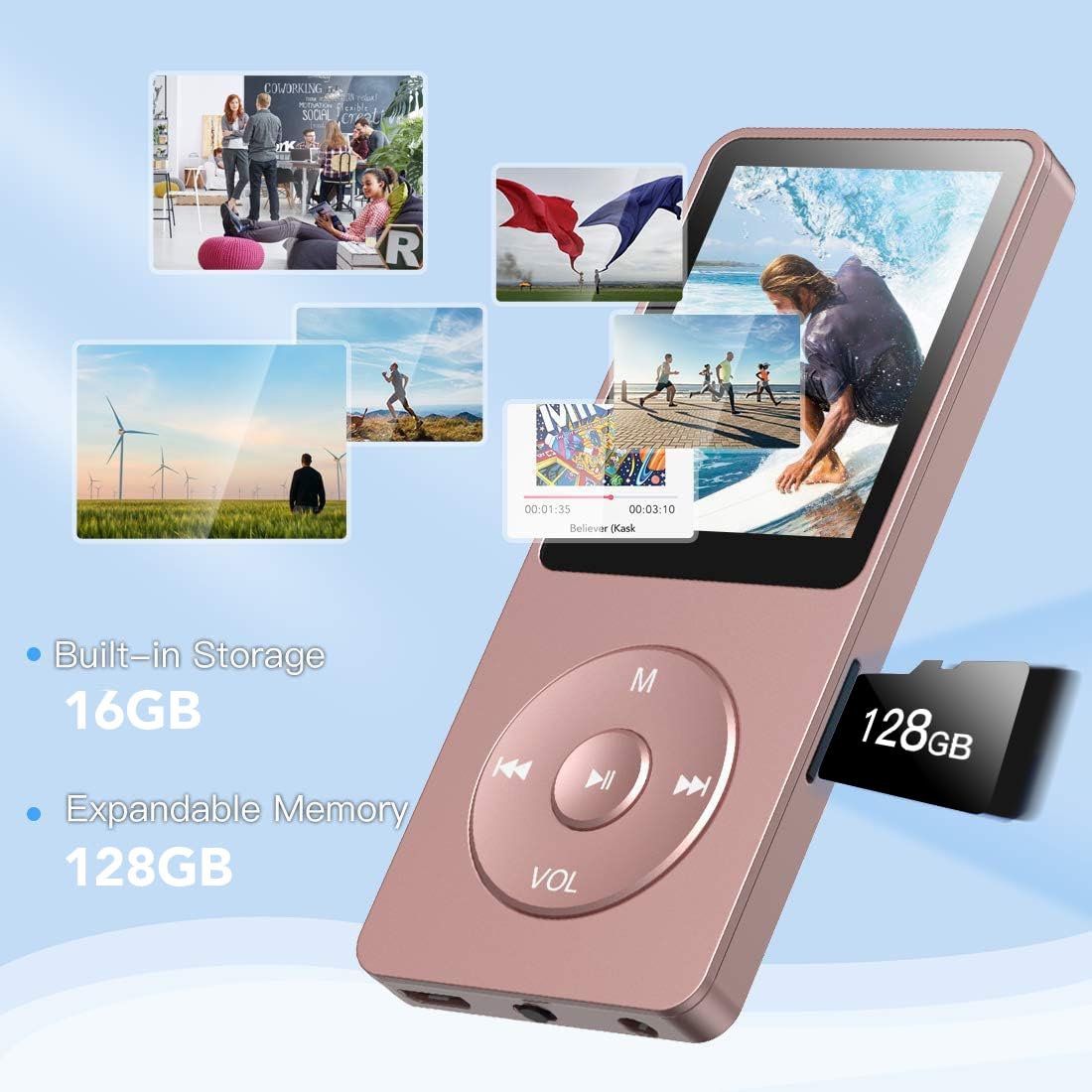 AGPTEK MP3 Player, 8GB/16GB MP3 Player 70 hours playback time MP3 Player (8GB, Rose Gold)