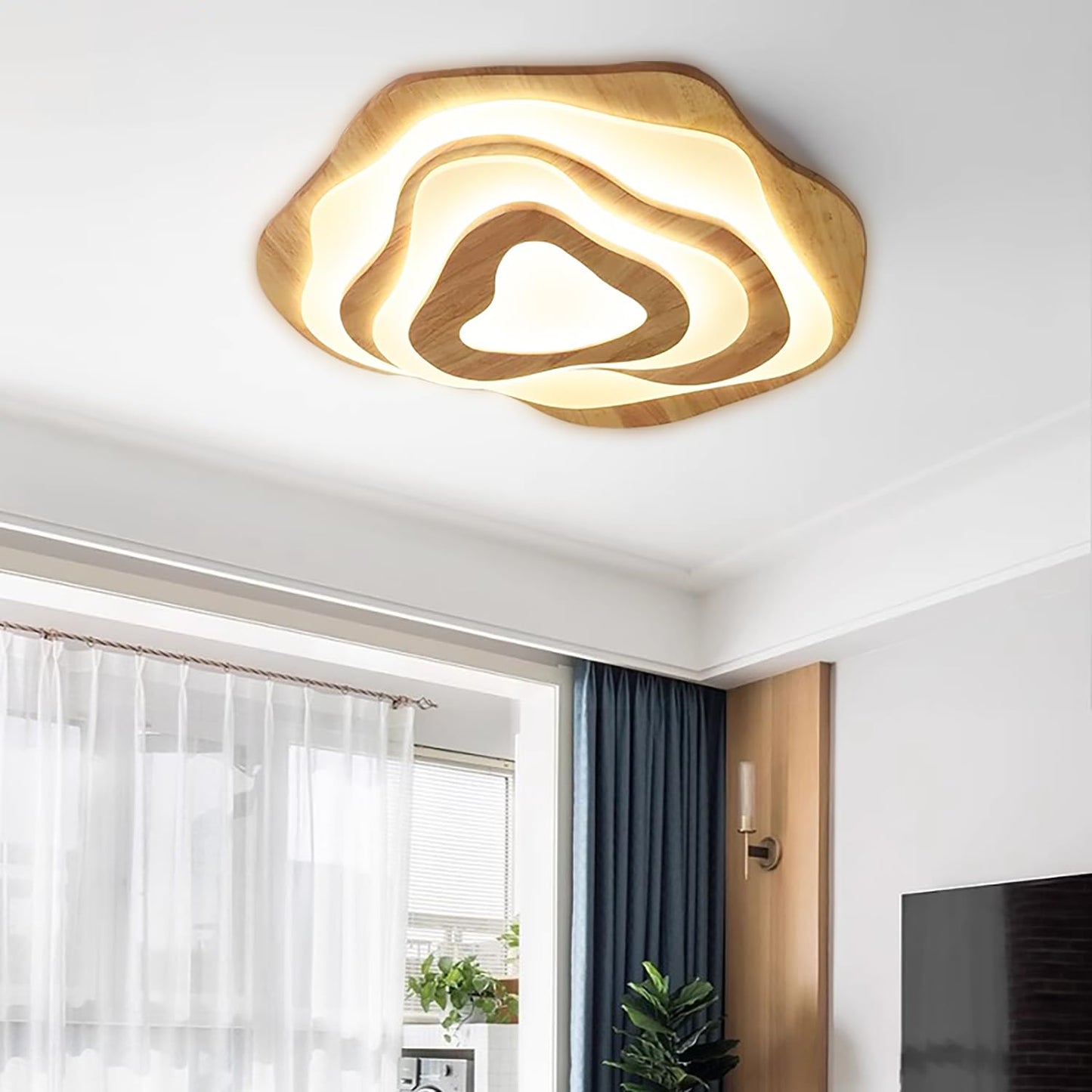 SENFAI LED living room ceiling light wood ceiling lamp 3000K warm white 50W Ø 60cm modern wooden lamp bedroom lamp living room lamp irregular round children's room lamp (not dimmable)