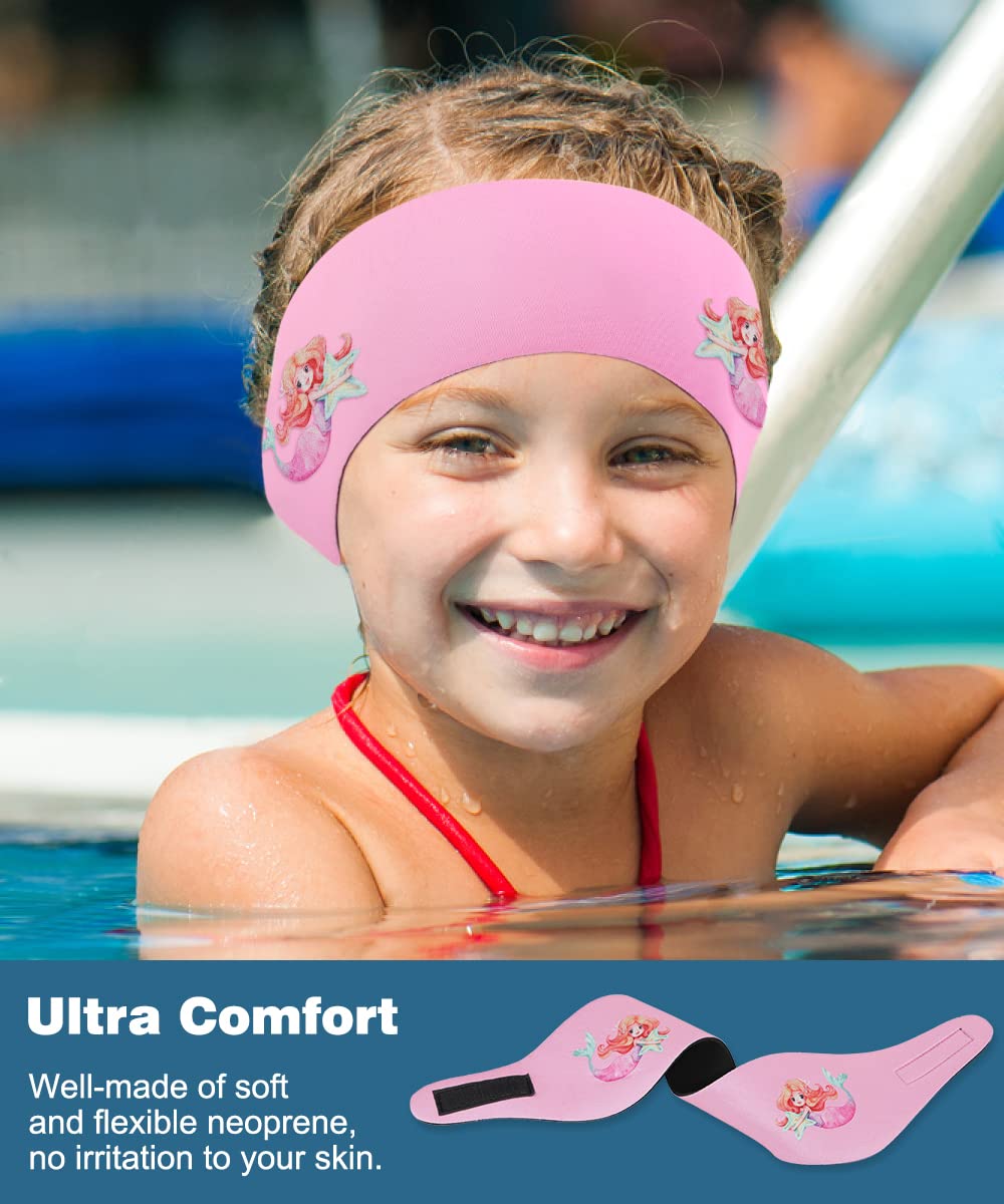 MoKo Swimming Headband, 2 Pack Neoprene Swimband Earband Waterproof Headband Hairband with High Elasticity Ear Protection Band for Kids Ages 3-9, M Size - Pink Unicorn & Pink Mermaid