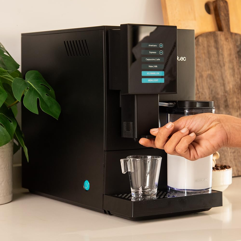 Cecotec Superautomatic Espresso Machine Cremmaet Compactccino Black, 19 Bar, Thermoblock System, fresh ground beans with Plug&Play, 150g coffee bean tank grinder, 1.1L water tank, 400ml milk.