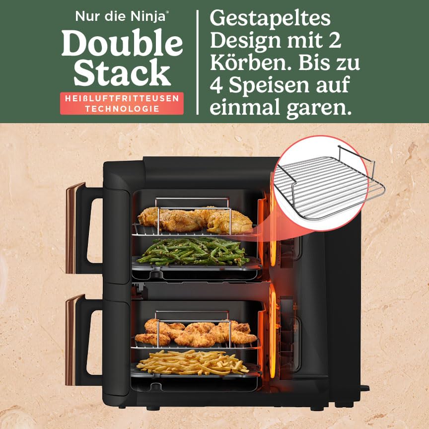 Ninja Double Stack XL Air Fryer, 2 vertical drawers, 4 cooking levels, space-saving design, 9.5L capacity, 6 functions, 8 portions, tongs, Black/Copper SL400EUCP
