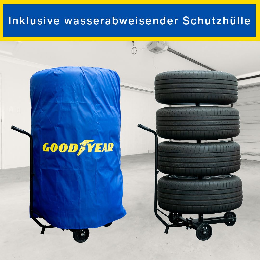 Goodyear wheel tree cart for 4 tires, space-saving and contactless storage, with protective cover, load capacity up to 100 kg, black