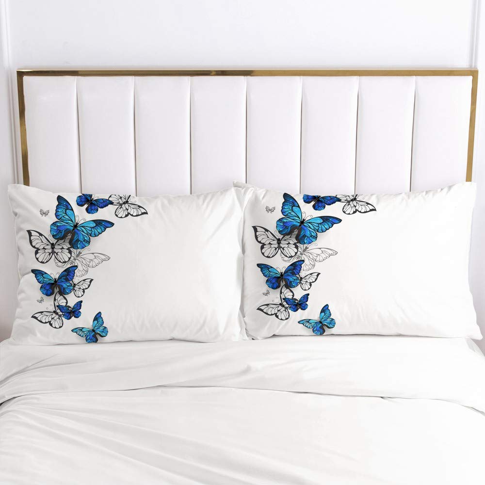 Luowei Butterfly bedding set 155x220cm Blue White Butterfly pattern duvet cover set Microfiber reversible bedding with zipper closure and 2 pillowcases 80 x 80 cm
