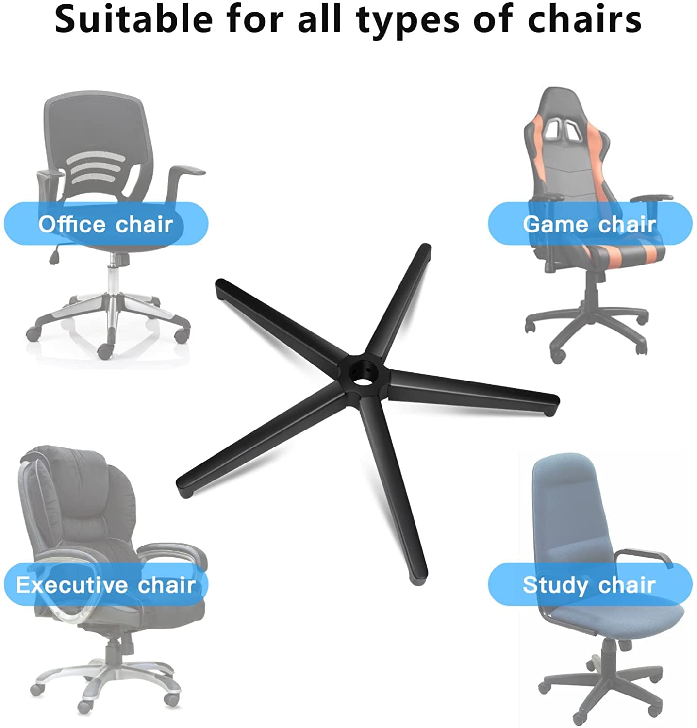 Office chair base, 5-star base with support, black pentagonal metal frame, swivel chair base, suitable for 11mm x 22mm casters, 50mm gas spring.