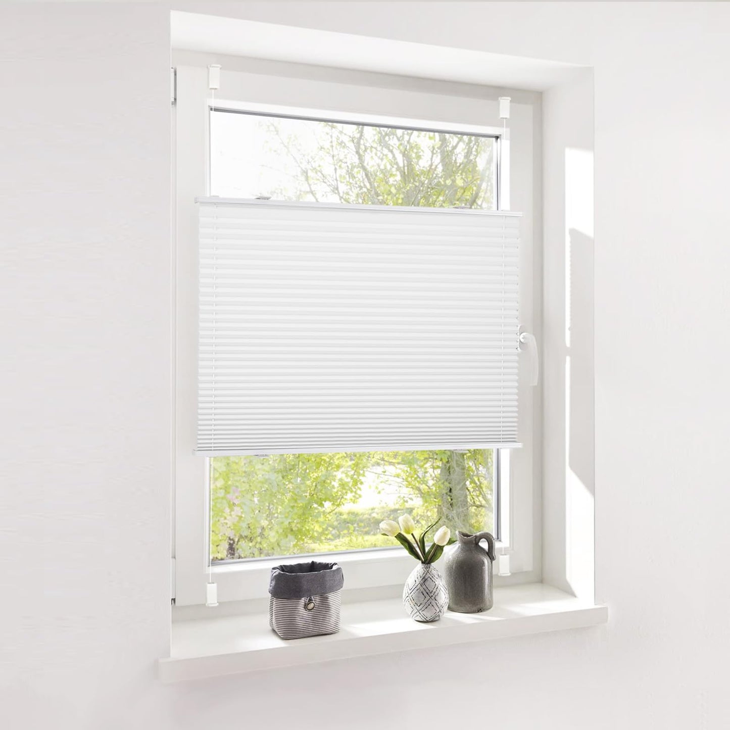 Deswell pleated blind without drilling clamp fix white W85 x H120 cm Pleated blind sun protection and privacy blinds Easyfix pleats translucent blind for windows & doors