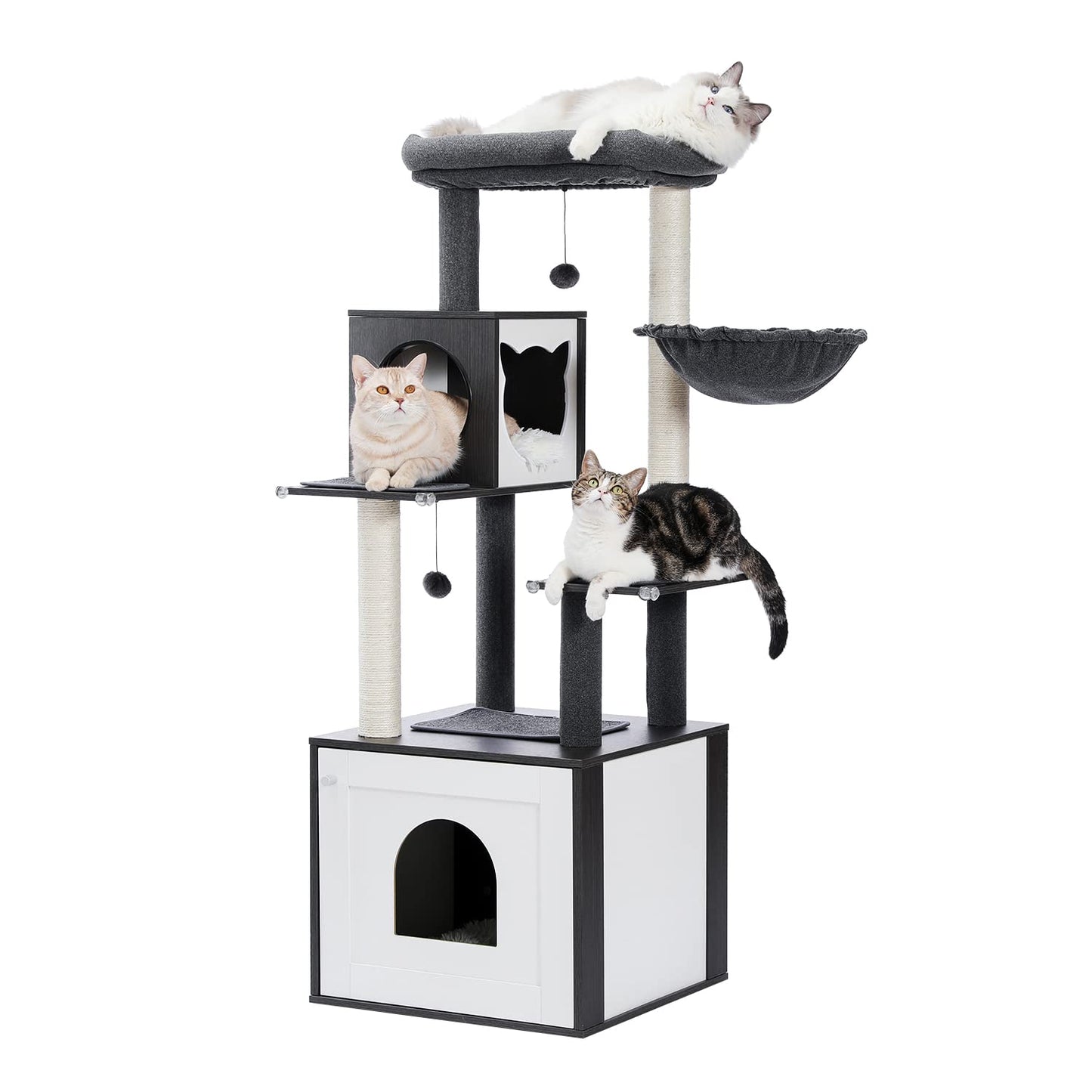 PAWZ Road Modern Cat Tree Wood Cat Tower with Storage Cabinet Cat Litter Enclosure and spacious Cat House Large top perch and hammock Black