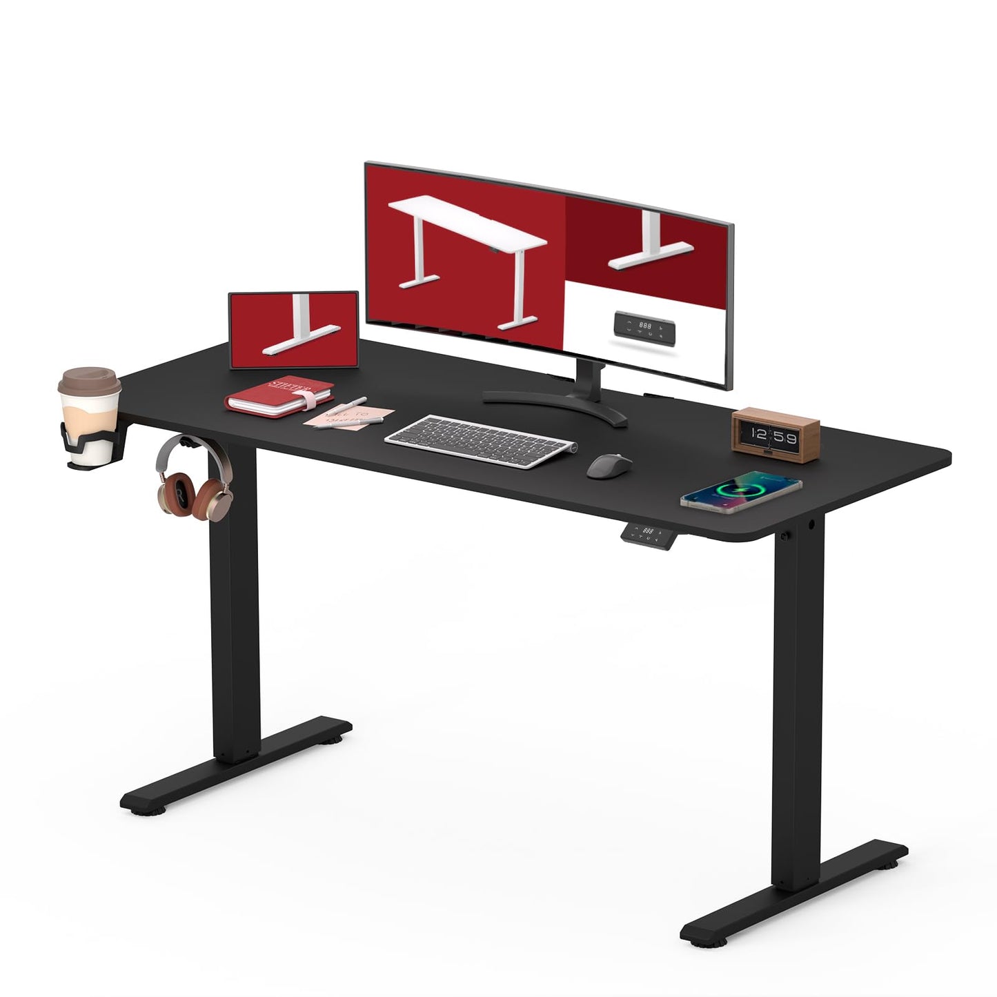 SANODESK Electric Adjustable Desk with FULL DESKTOP, Ergonomic Standing-Sitting Table, 110 x 60 cm, black - For home office and home office
