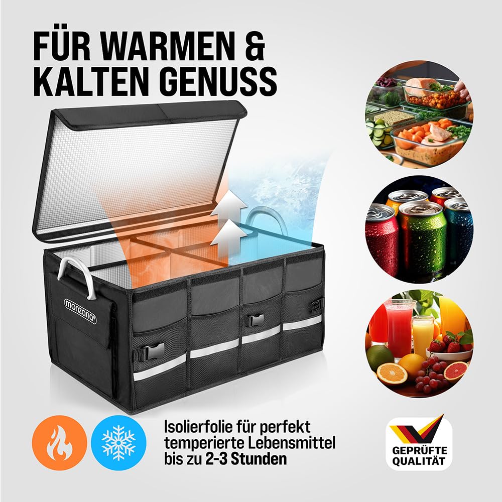 Monzana® Trunk Organizer Cover 68L Insulation Aluminum Handles Dividers Waterproof Foldable MDF Walls Non-Slip Trunk Bag Cooler Bag Folding Box