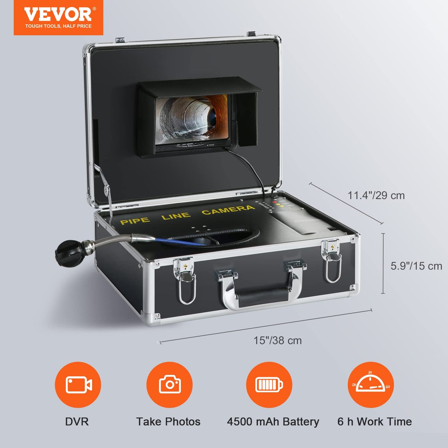 VEVOR 7" Professional Pipe Camera 20m Industrial Inspection Camera 1000TVL Endoscope Drain Camera 16GB SD Card IP68 Waterproof 480P Color Monitor DVR 4500mAh Lithium Battery 6 Hours Continuous Operation with Carrying Case.