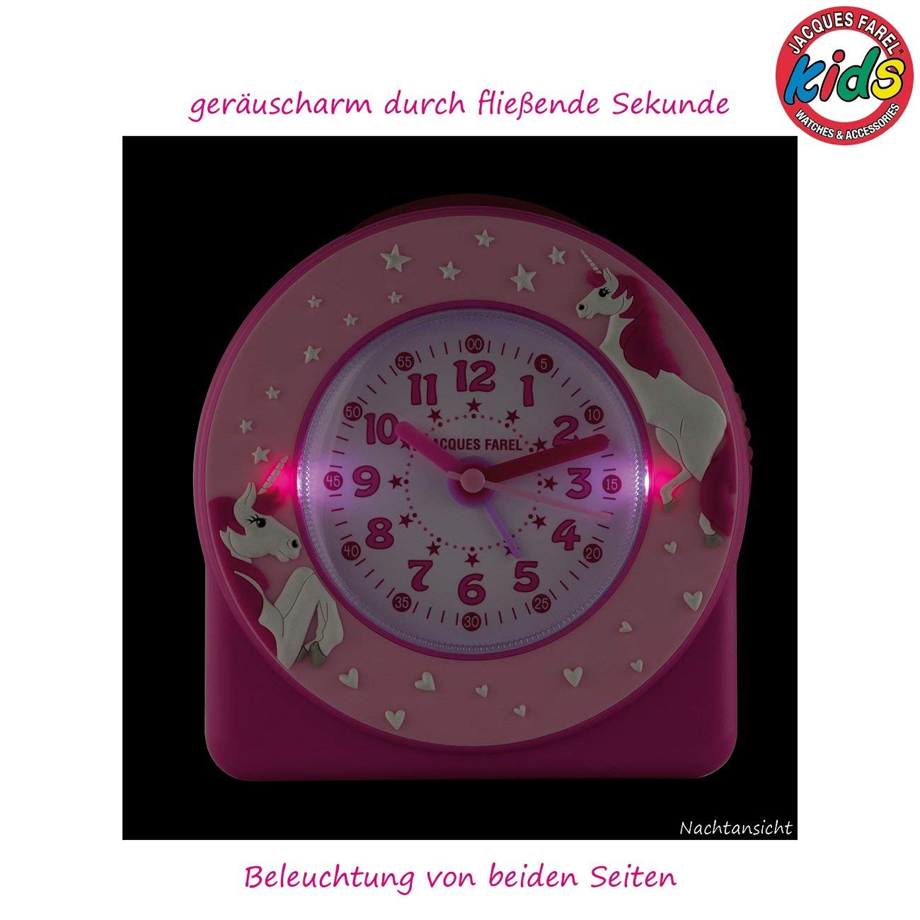 JACQUES FAREL children's alarm clock learning clock girls 3D unicorn pink rose analog quartz without ticking with light and snooze alarm ACW 50