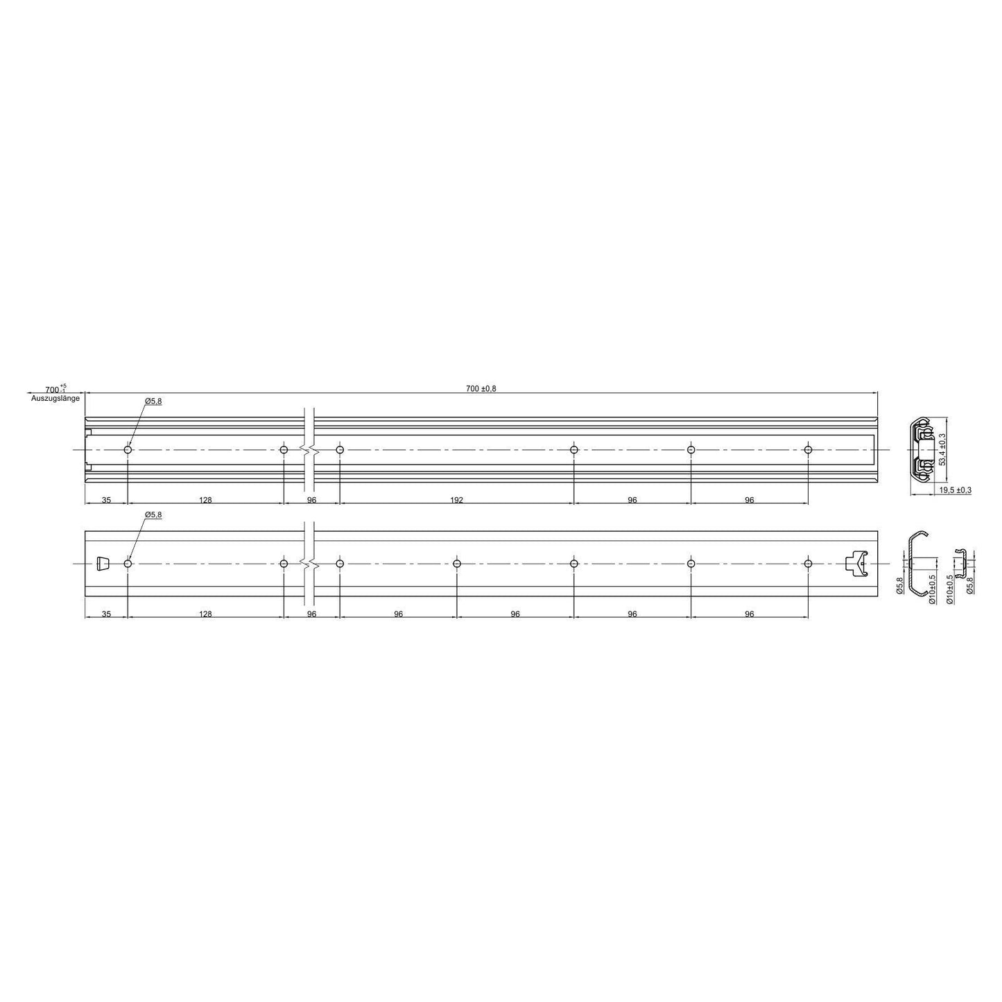 SOTECH 1 Pair Full-Extension Slides KV1-100-H53-L700-NF 700 mm Rail load capacity up to 121 kg