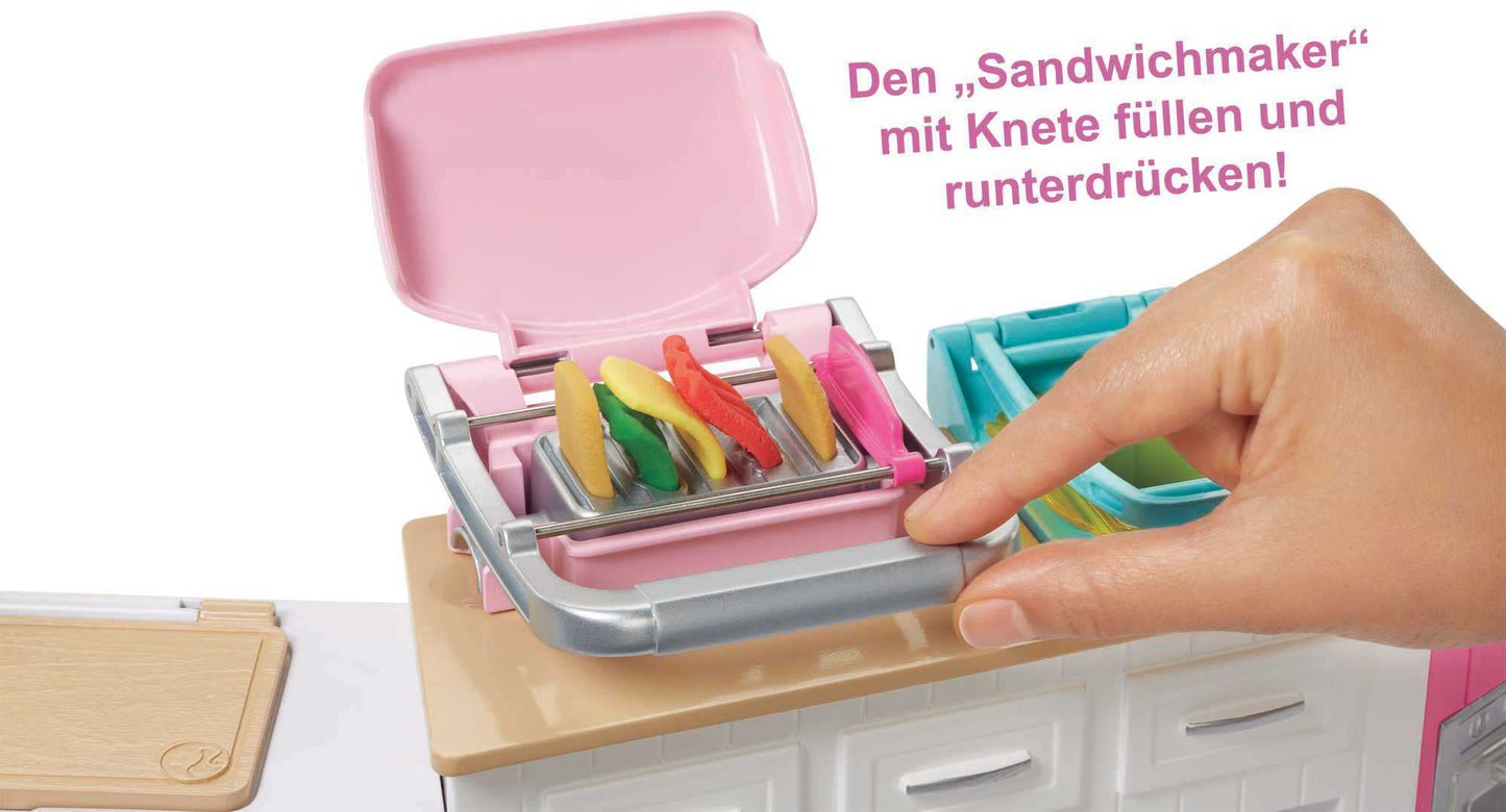 Barbie Ultimate Kitchen with 20 accessories, cooking and baking with light and sound effects, 5 dough colors, includes doll, perfect gift for kids, toy for ages 3 and up, GWY53.