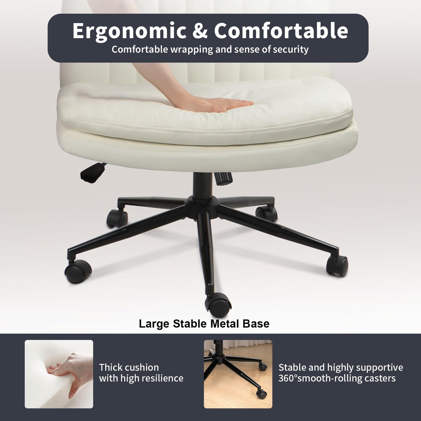 Naspaluro Office Chair Without Armrests, Desk Chair with PU Leather, Reading Chair with Wider Cushion for Cross-Legged Sitting, Rocking Function, Height Adjustable, 360° Swivel Chair for Home, Cream Color