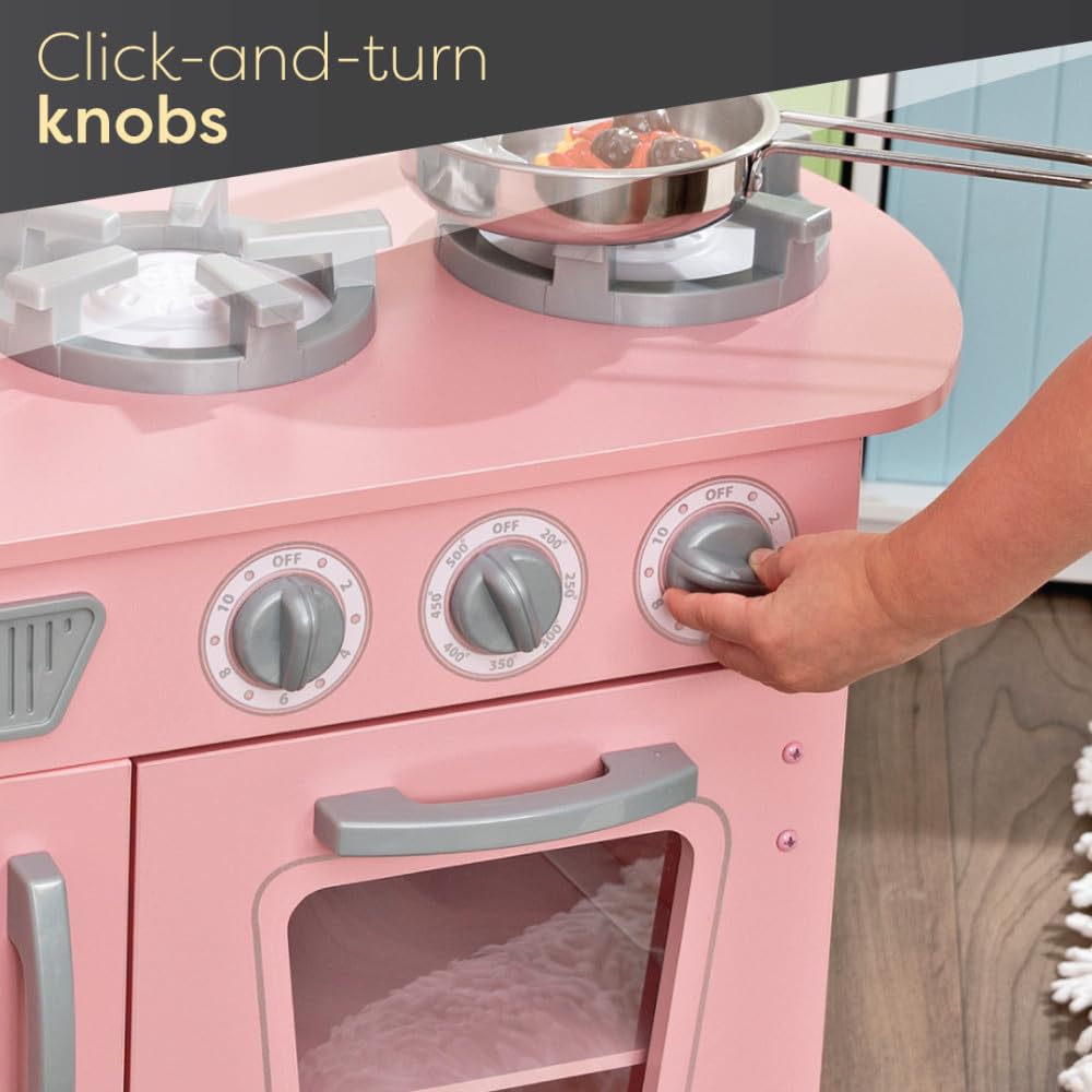 KidKraft Pink Vintage Wooden Play Kitchen with Kids Phone, Children's Kitchen with Retro Refrigerator, Toy for 3 years and older, 53179