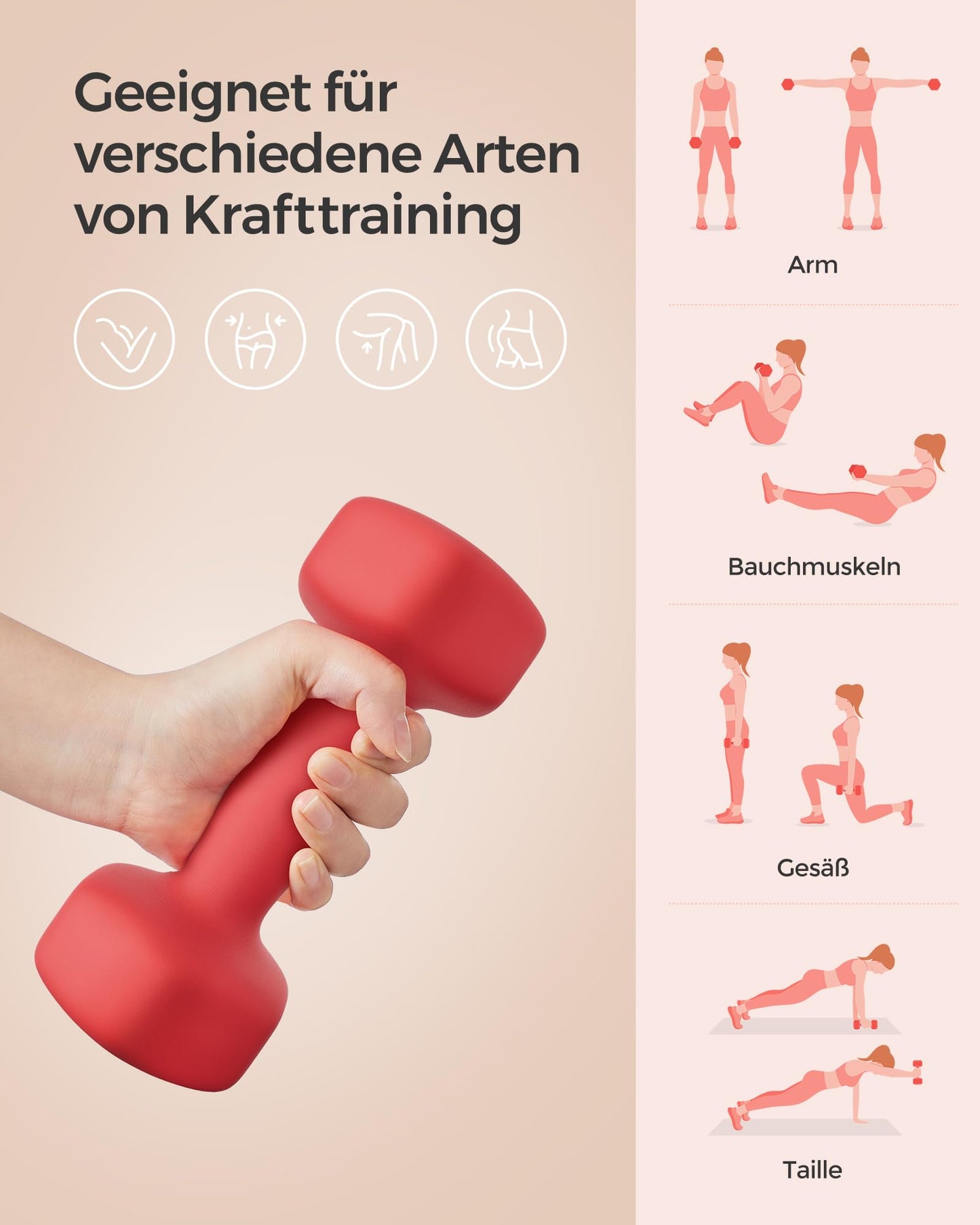 SONGMICS dumbbell set, 2 x 3 kg, with matte neoprene coating, non-slip, strength training, at home, red SYL66RD
