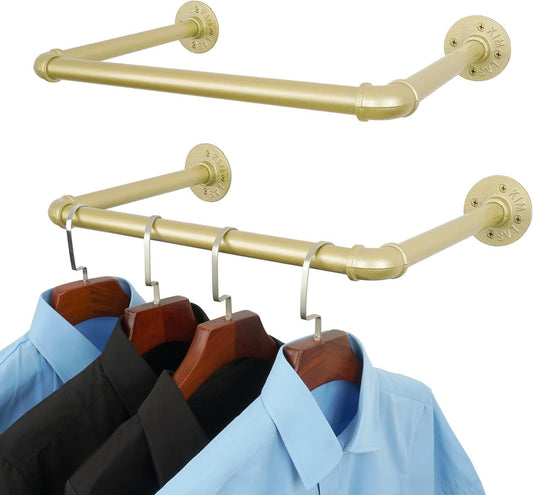Industrial pipe clothing rack, set of 2, 52 cm, DIY, sturdy clothes rack, wall mounted, black iron pipe frame (Gold) 52 cm