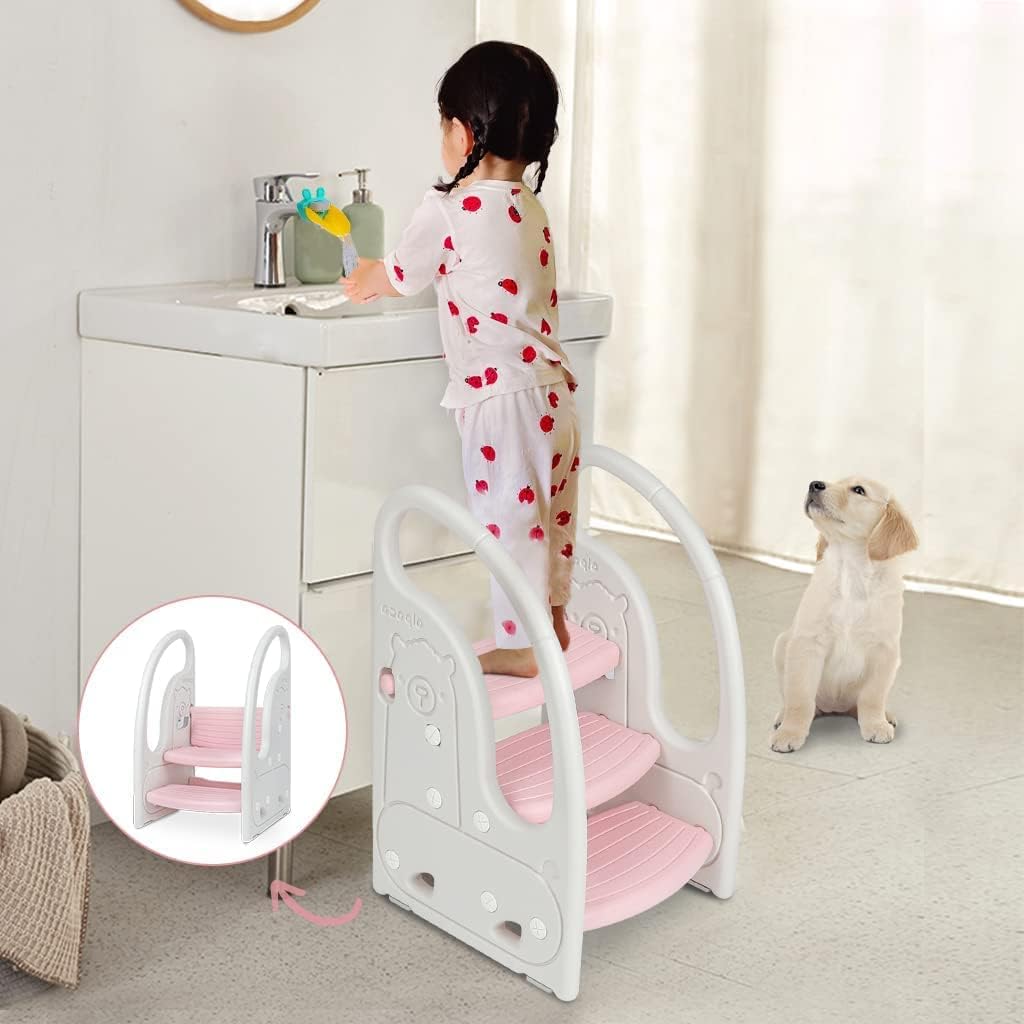 Onasti Kids Step Stool, Three-Step Height Adjustable Toddler Stool for Babies, Comfortable Handrail, Multi-Functional, Anti-Slip, Suitable for 1.5 to 6 Years - (Pink)